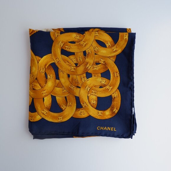 Authentic Preowned Chanel Navy/Gold Silk CC Logo Scarf - Picture 1 of 3